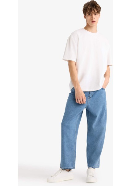 %100 Pamuk Tapered Wide Leg Fit Geniş Paça Jean Yıkamalı Pantolon F8397AX25AU