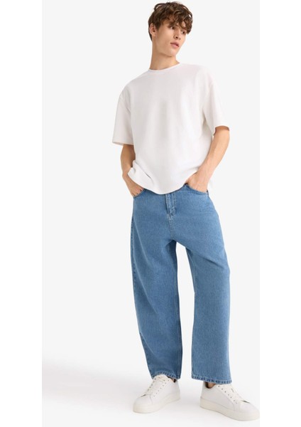 %100 Pamuk Tapered Wide Leg Fit Geniş Paça Jean Yıkamalı Pantolon F8397AX25AU