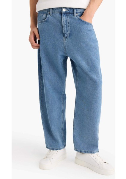 %100 Pamuk Tapered Wide Leg Fit Geniş Paça Jean Yıkamalı Pantolon F8397AX25AU