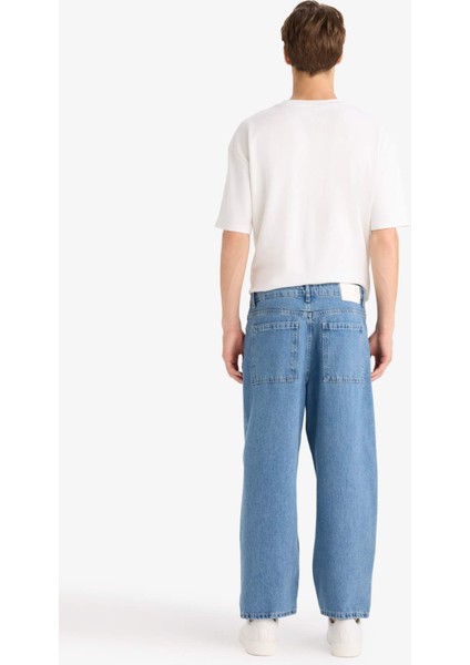 %100 Pamuk Tapered Wide Leg Fit Geniş Paça Jean Yıkamalı Pantolon F8397AX25AU