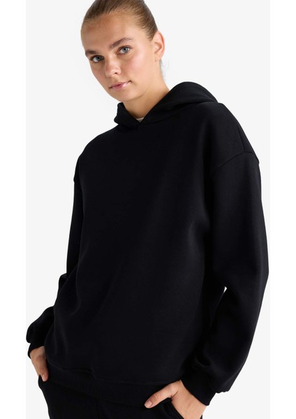 Relax Fit Kapüşonlu Basic Düz Kalın Sweatshirt D9935AX25WN