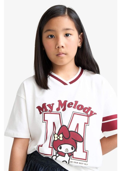 Kız Çocuk Hello Kitty Oversize Geniş Kalıp V Yaka Kısa Kollu Okul Tişörtü F7040A825AU