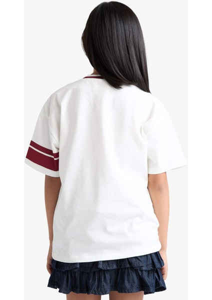 Kız Çocuk Hello Kitty Oversize Geniş Kalıp V Yaka Kısa Kollu Okul Tişörtü F7040A825AU