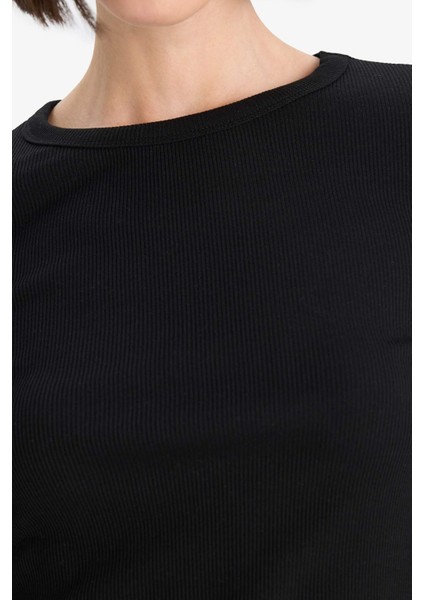 Slim Fit Dar Kesim Basic Düz Fitilli Kaşkorse Uzun Kollu Tişört E5767AX25AU