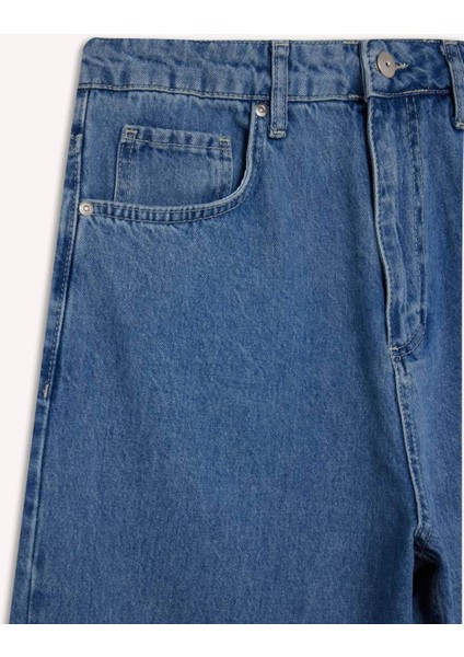 %100 Pamuk Tapered Wide Leg Fit Geniş Paça Jean Yıkamalı Pantolon F8397AX25AU