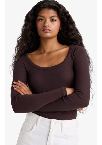 Slim Fit Dar Kesim Yuvarlak Yaka Basic Düz Fitilli Kaşkorse Uzun Kollu Tişört E5768AX25AU