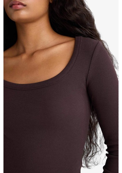 Slim Fit Dar Kesim Yuvarlak Yaka Basic Düz Fitilli Kaşkorse Uzun Kollu Tişört E5768AX25AU