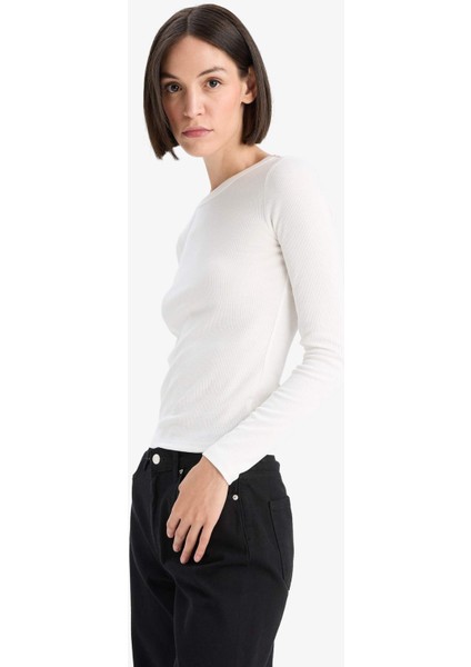 Slim Fit Dar Kesim Basic Düz Fitilli Kaşkorse Uzun Kollu Tişört E5767AX25AU