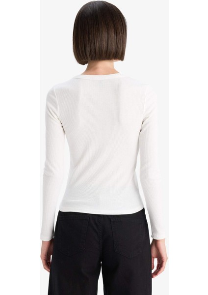 Slim Fit Dar Kesim Basic Düz Fitilli Kaşkorse Uzun Kollu Tişört E5767AX25AU