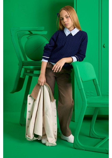 Kız Çocuk Balloon Fit Oval Paça Gabardin Okul Pantolonu