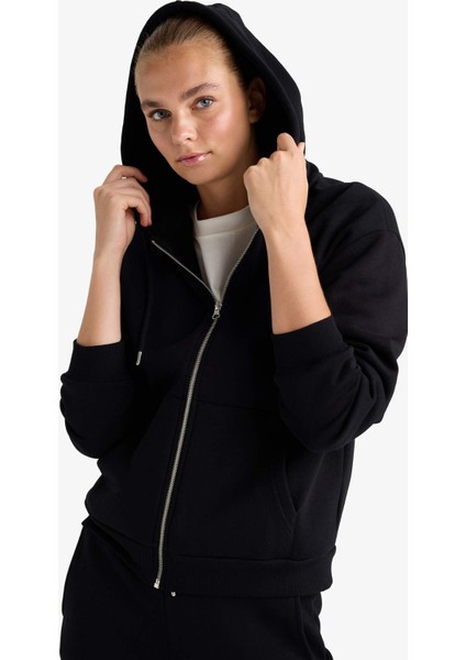 Relax Fit Kapüşonlu Basic Düz Kalın Fermuarlı Sweatshirt C1809AX25AU