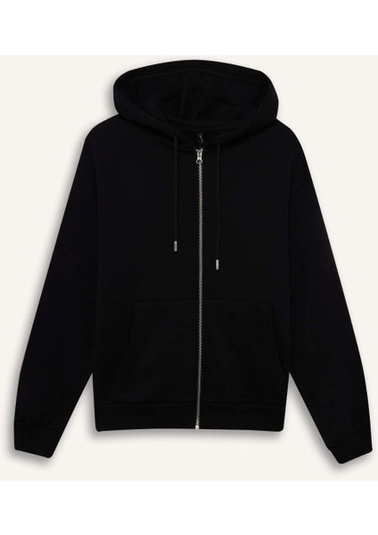 Relax Fit Kapüşonlu Basic Düz Kalın Fermuarlı Sweatshirt C1809AX25AU