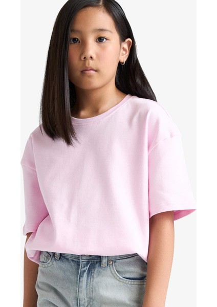 Kız Çocuk Oversize Geniş Kalıp Bisiklet Yaka Basic Düz Kısa Kollu Tişört F8487A825HS