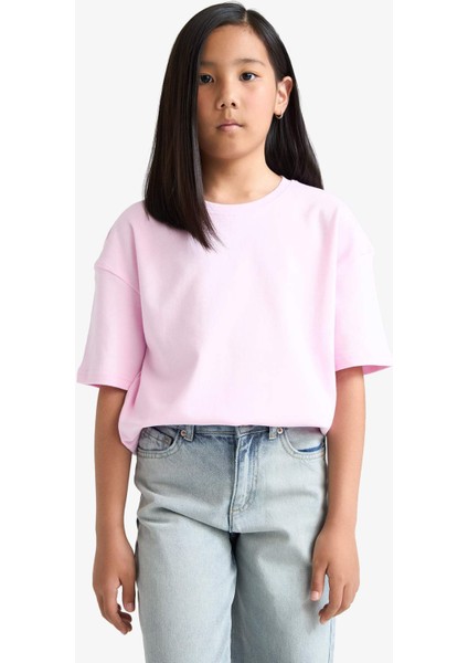 Kız Çocuk Oversize Geniş Kalıp Bisiklet Yaka Basic Düz Kısa Kollu Tişört F8487A825HS