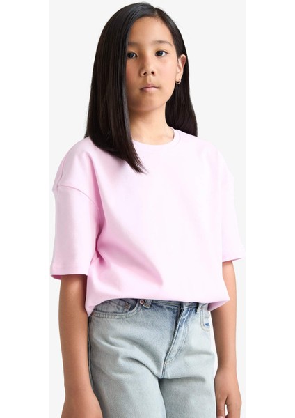 Kız Çocuk Oversize Geniş Kalıp Bisiklet Yaka Basic Düz Kısa Kollu Tişört F8487A825HS
