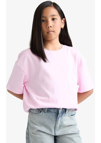 Kız Çocuk Oversize Geniş Kalıp Bisiklet Yaka Basic Düz Kısa Kollu Tişört F8487A825HS