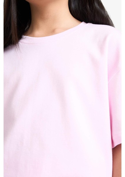 Kız Çocuk Oversize Geniş Kalıp Bisiklet Yaka Basic Düz Kısa Kollu Tişört F8487A825HS