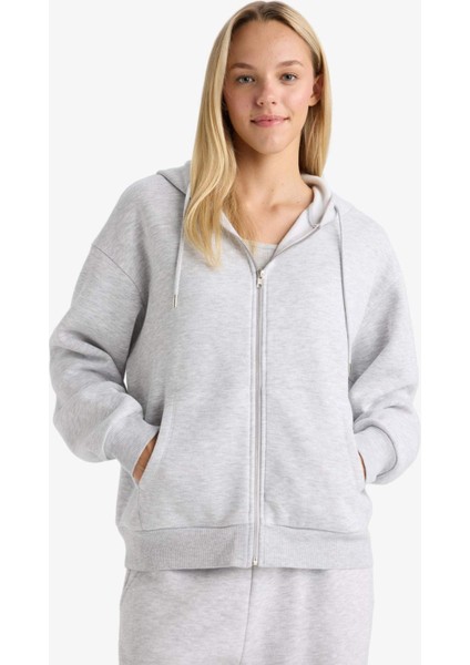 Relax Fit Kapüşonlu Basic Düz Kalın Fermuarlı Sweatshirt C1809AX25AU