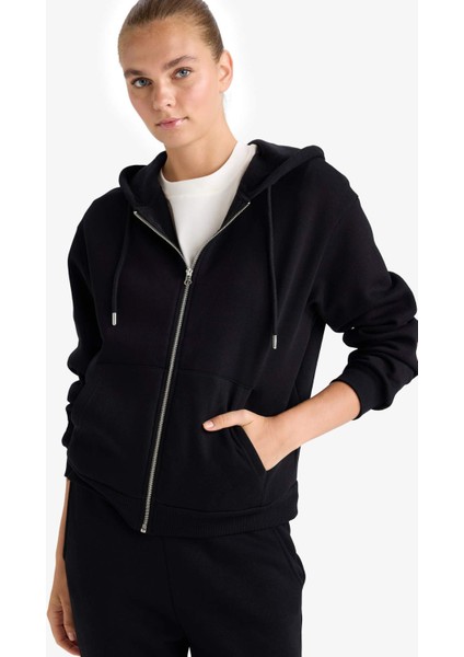 Relax Fit Kapüşonlu Basic Düz Kalın Fermuarlı Sweatshirt C1809AX25AU
