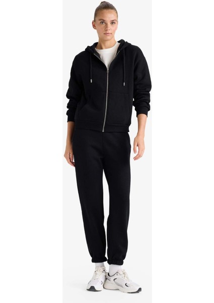 Relax Fit Kapüşonlu Basic Düz Kalın Fermuarlı Sweatshirt C1809AX25AU