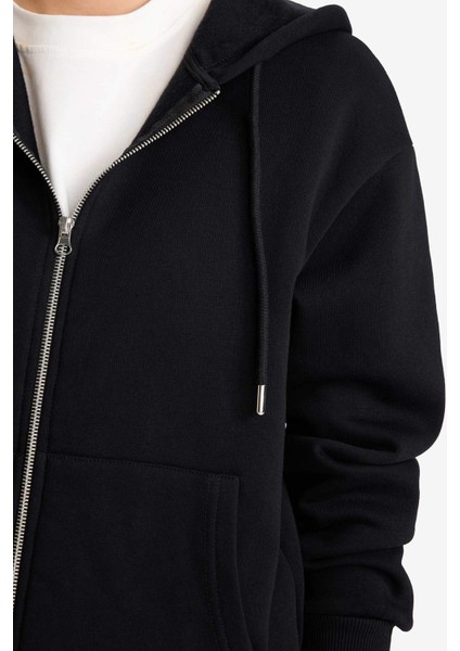 Relax Fit Kapüşonlu Basic Düz Kalın Fermuarlı Sweatshirt C1809AX25AU