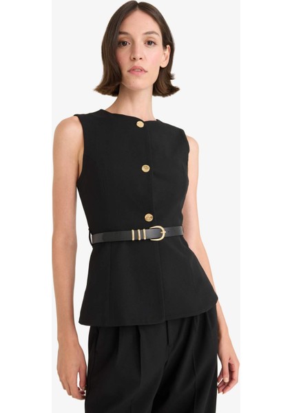 Fitted Bisiklet Yaka Kemer Detaylı Yelek F7293AX25AU