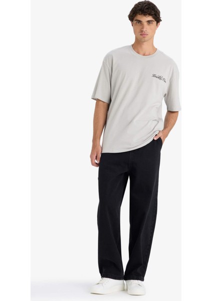 %100 Pamuk Boxy Fit Bisiklet Yaka Sırt Baskılı Kısa Kollu Tişört F8557AX25HS