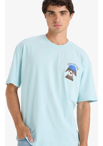 %100 Pamuk Boxy Fit Bisiklet Yaka Baskılı Kısa Kollu Tişört F4533AX25SM