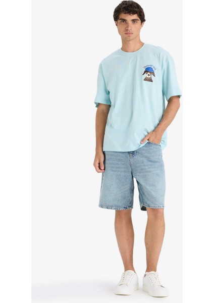 %100 Pamuk Boxy Fit Bisiklet Yaka Baskılı Kısa Kollu Tişört F4533AX25SM