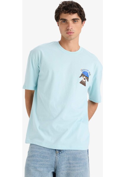 %100 Pamuk Boxy Fit Bisiklet Yaka Baskılı Kısa Kollu Tişört F4533AX25SM