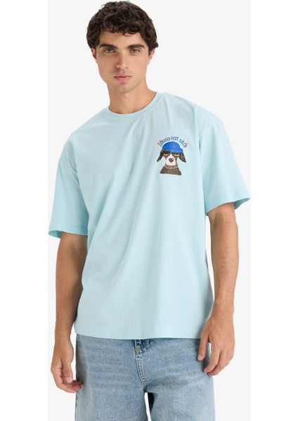 %100 Pamuk Boxy Fit Bisiklet Yaka Baskılı Kısa Kollu Tişört F4533AX25SM