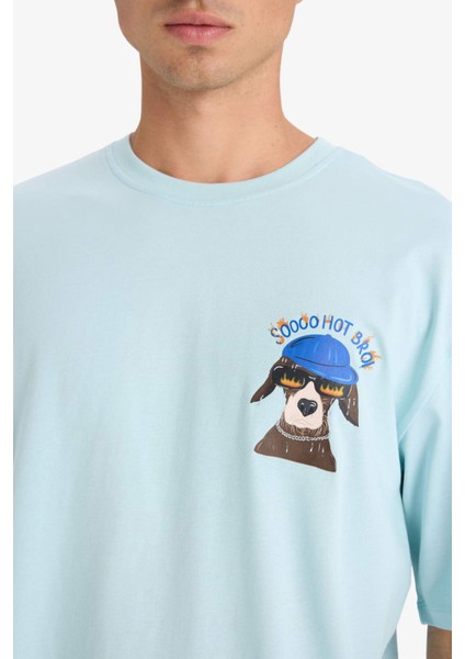 %100 Pamuk Boxy Fit Bisiklet Yaka Baskılı Kısa Kollu Tişört F4533AX25SM