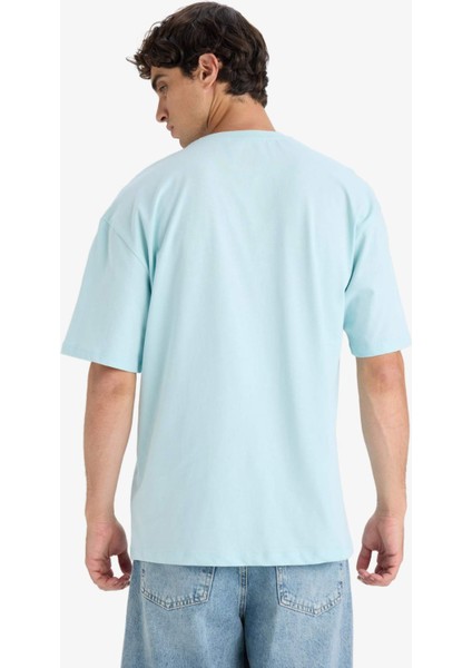 %100 Pamuk Boxy Fit Bisiklet Yaka Baskılı Kısa Kollu Tişört F4533AX25SM