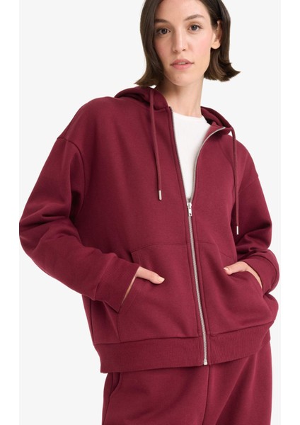 Relax Fit Kapüşonlu Basic Düz Kalın Fermuarlı Sweatshirt C1809AX25AU
