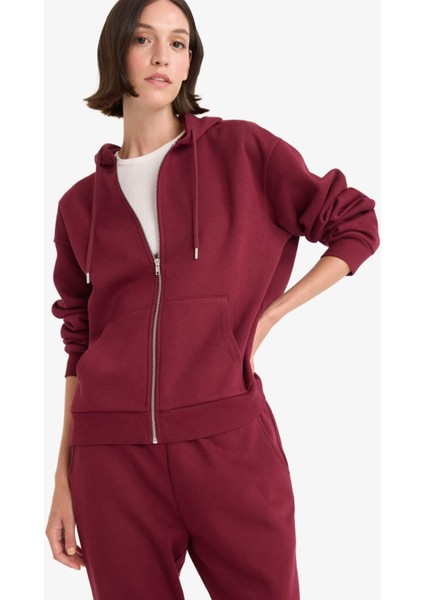 Relax Fit Kapüşonlu Basic Düz Kalın Fermuarlı Sweatshirt C1809AX25AU