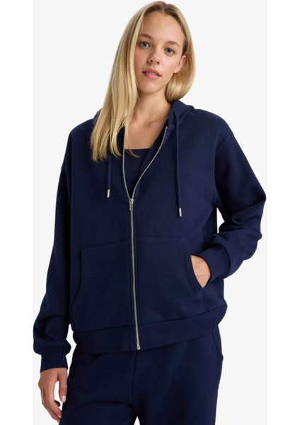 Relax Fit Kapüşonlu Basic Düz Kalın Fermuarlı Sweatshirt C1809AX25AU