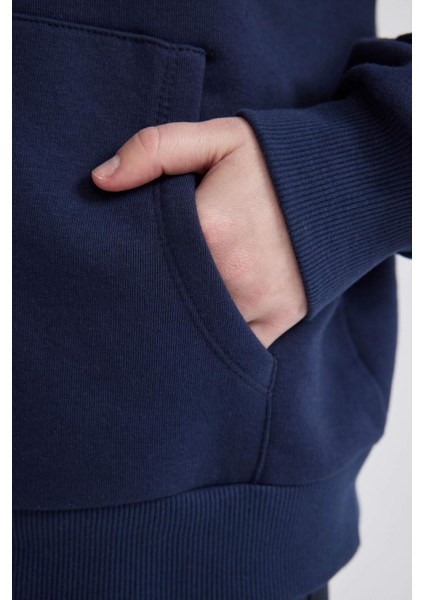 Relax Fit Kapüşonlu Basic Düz Kalın Fermuarlı Sweatshirt C1809AX25AU