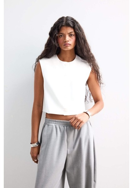 Cropped Fit Bisiklet Yaka Krep Yelek F8112AX25AU