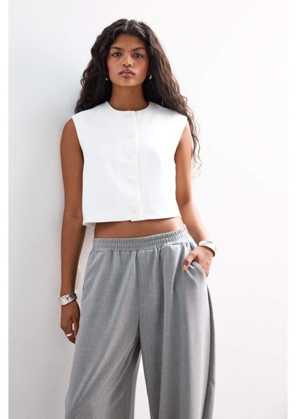 Cropped Fit Bisiklet Yaka Krep Yelek F8112AX25AU