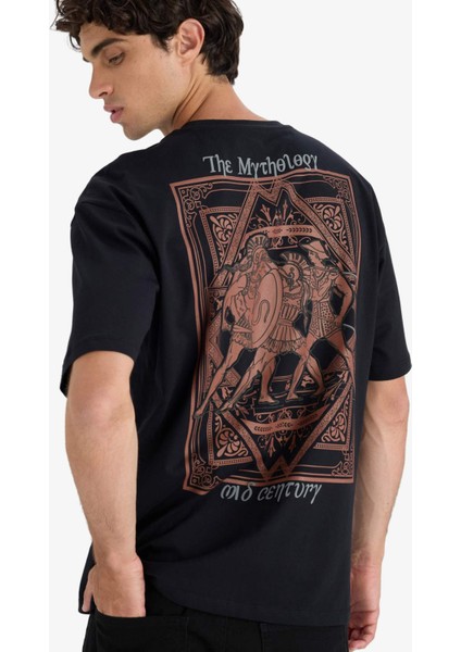 %100 Pamuk Boxy Fit Rahat Kesim Bisiklet Yaka Sırt Baskılı Kısa Kollu Tişört F8324AX25AU