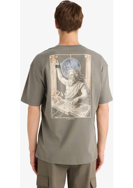 %100 Pamuk Boxy Fit Rahat Kesim Bisiklet Yaka Sırt Baskılı Kısa Kollu Tişört F8331AX25AU