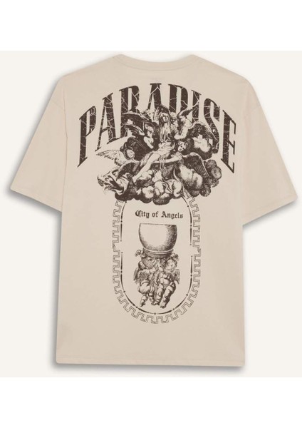 %100 Pamuk Boxy Fit Rahat Kesim Bisiklet Yaka Sırt Baskılı Kısa Kollu Tişört F8322AX25AU