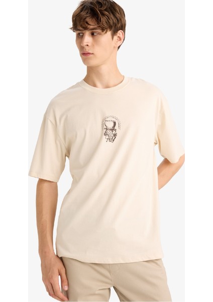 %100 Pamuk Boxy Fit Rahat Kesim Bisiklet Yaka Sırt Baskılı Kısa Kollu Tişört F8322AX25AU