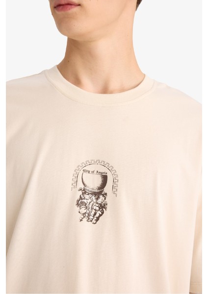 %100 Pamuk Boxy Fit Rahat Kesim Bisiklet Yaka Sırt Baskılı Kısa Kollu Tişört F8322AX25AU