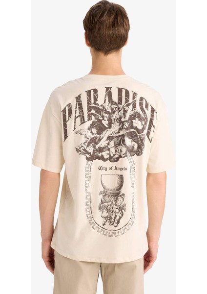 %100 Pamuk Boxy Fit Rahat Kesim Bisiklet Yaka Sırt Baskılı Kısa Kollu Tişört F8322AX25AU