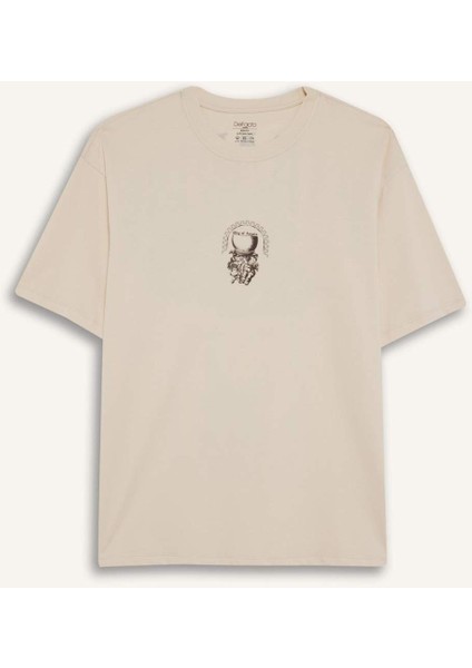 %100 Pamuk Boxy Fit Rahat Kesim Bisiklet Yaka Sırt Baskılı Kısa Kollu Tişört F8322AX25AU