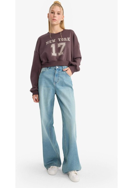 Crop Bisiklet Yaka Baskılı Kalın Sweatshirt F8006AX25AU