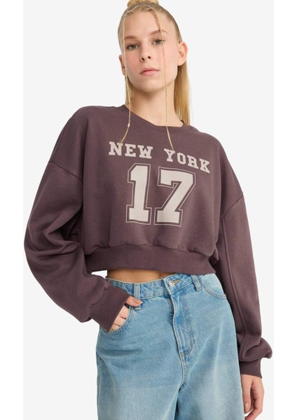 Crop Bisiklet Yaka Baskılı Kalın Sweatshirt F8006AX25AU