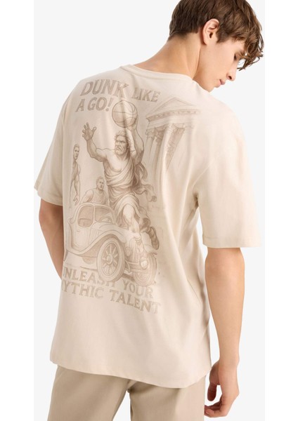 %100 Pamuk Boxy Fit Rahat Kesim Bisiklet Yaka Sırt Baskılı Kısa Kollu Tişört F8330AX25AU