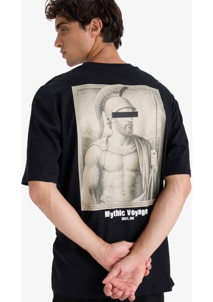 %100 Pamuk Boxy Fit Rahat Kesim Bisiklet Yaka Sırt Baskılı Kısa Kollu Tişört F8327AX25AU